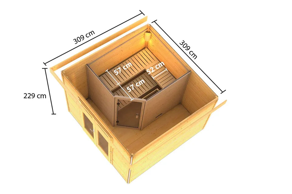 Karibu | Mainburg 1 Sauna Set B Terragrijs | Biokachel 9 kW Externe Bediening