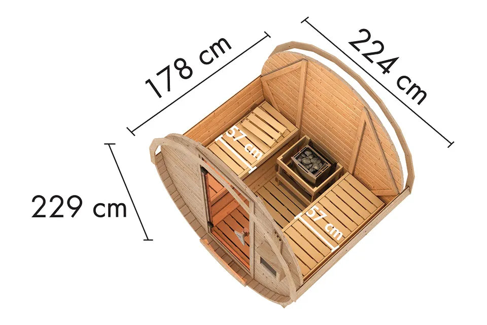 Karibu | Barrelsauna 1 | Kachel 9 kW Geïntegreerde Bediening