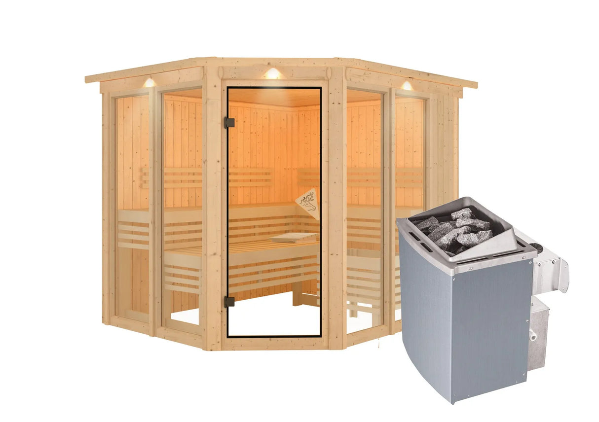 Karibu | Ainur 3 Sauna met Dakkraag | Kachel 9 kW Geïntegreerde Bediening