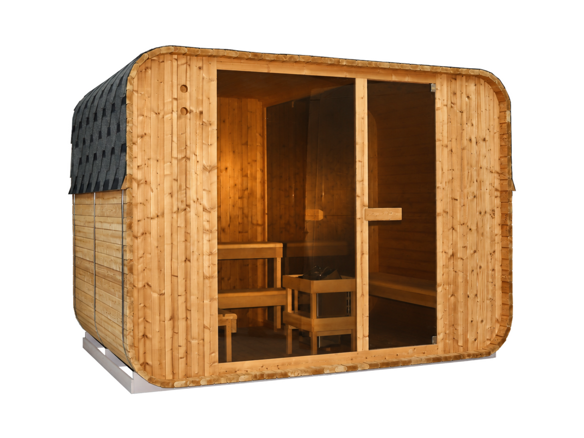 Passion Cube Luxury 300 Multiroom sauna schuin van voren met de linkerzijwand zichtbaar, met houten wanden en een glazen front.