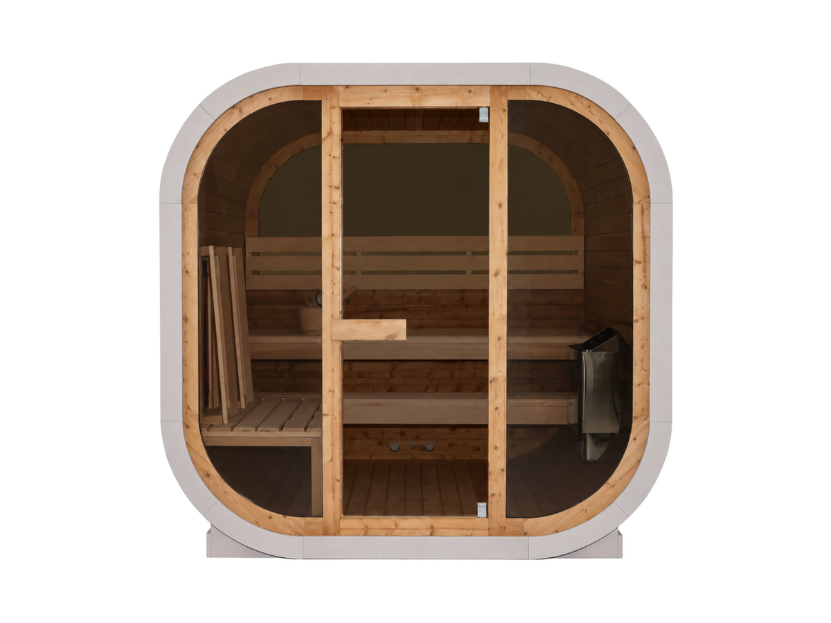 Passion Cube Diamond 220 sauna recht van voren, met afgeronde hoeken, houten bekleding en glazen front.