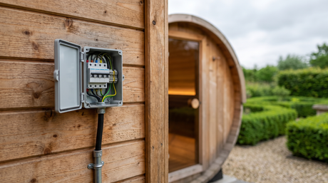 Open elektriciteitskast aan een houten wand met een barrelsauna op de achtergrond.
