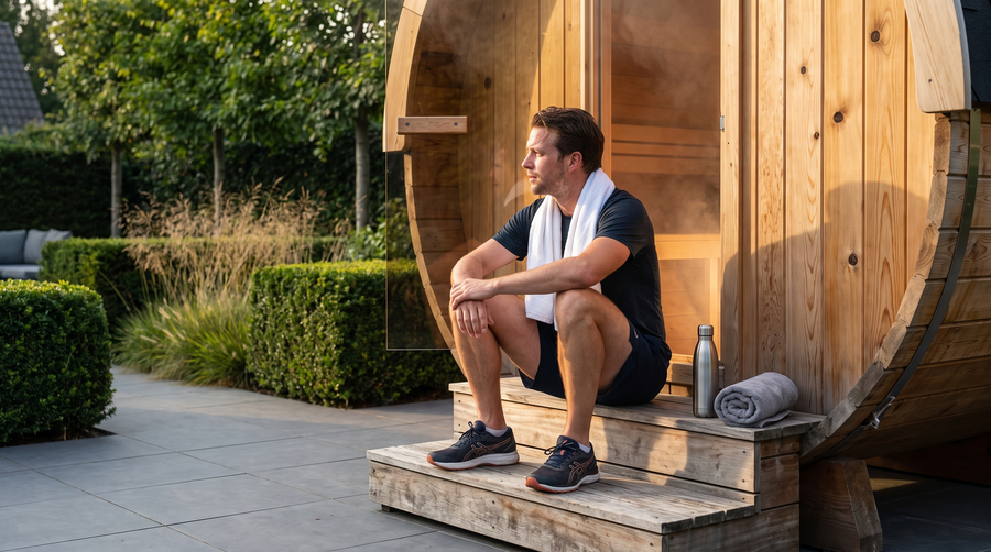 Persoon in sportkleding met een handdoek om de nek zit op het trapje van een houten barrelsauna.