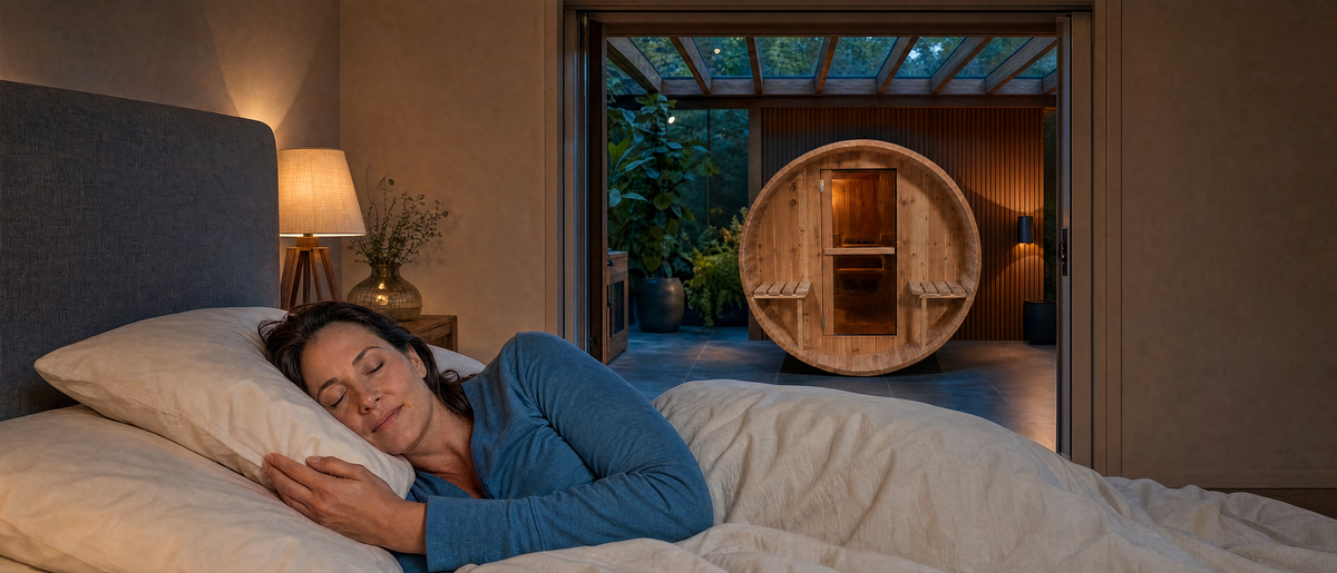 Vrouw slaapt in een normaal bed, met een Fonteyn-barsauna zichtbaar in de aangrenzende wellnessruimte.