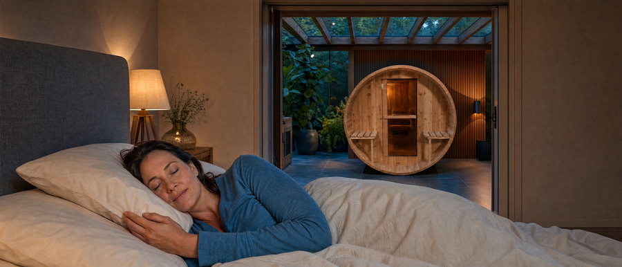 Vrouw slaapt in een normaal bed, met een Fonteyn-barsauna zichtbaar in de aangrenzende wellnessruimte.