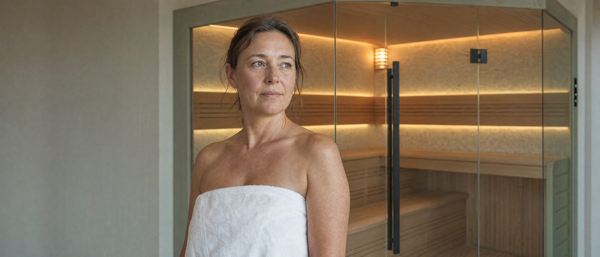 Vrouw met zichtbare huid op gezicht en schouders, met een verlichte sauna op de achtergrond.
