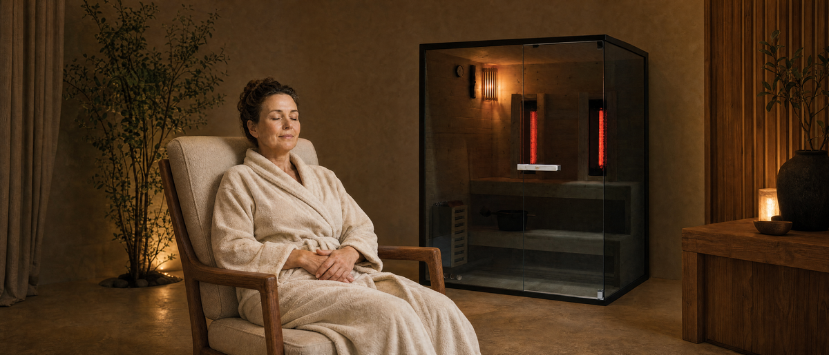 Vrouw ontspant in een badjas naast een Fonteyn Finn 2-sauna.