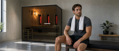 Sporter rust met een hand op het bovenbeen in een koele ruimte naast een Fonteyn Finn 4-sauna