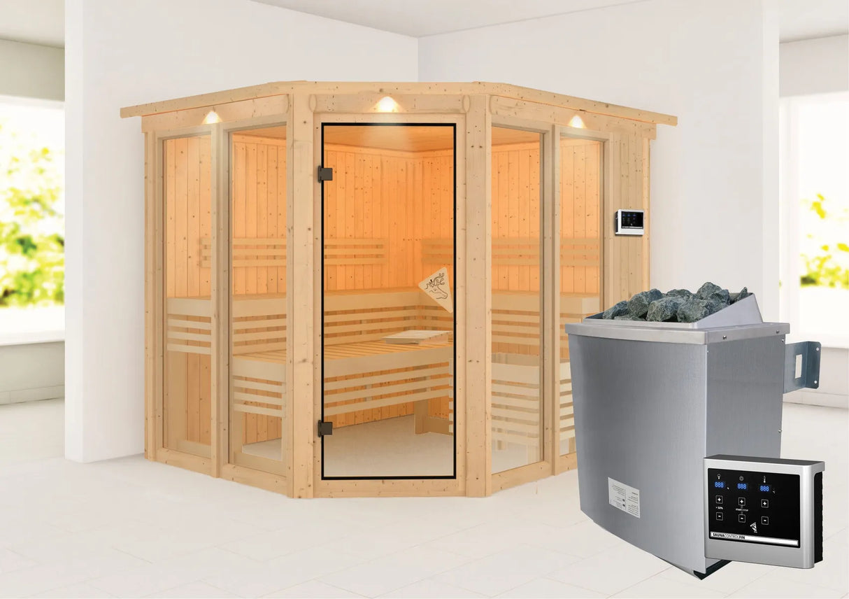 Karibu | Ainur 3 Sauna met Dakkraag | Kachel 9 kW Externe Bediening