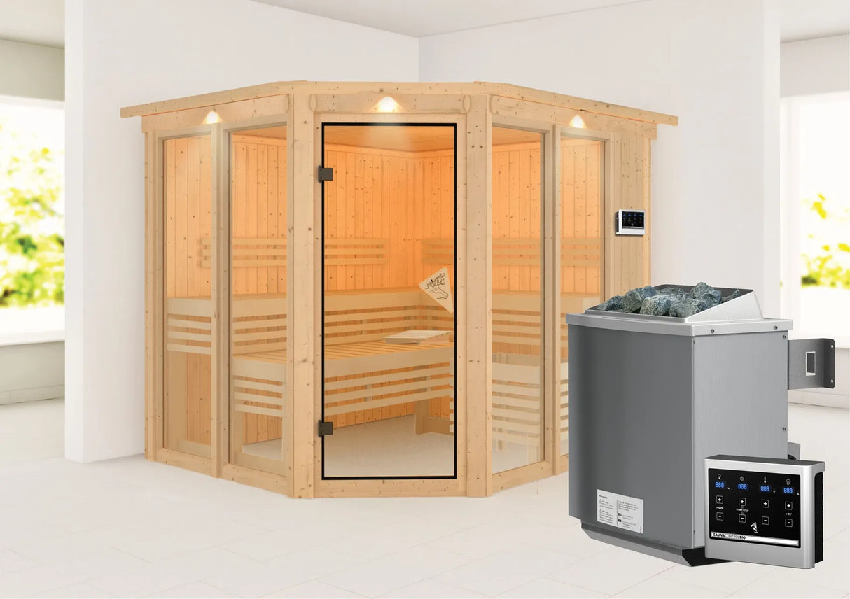 Karibu | Ainur 3 Sauna met Dakkraag | Biokachel 9 kW Externe Bediening