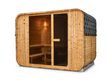 Passion Cube Luxury 300 Multiroom sauna schuin van voren, met houten wanden en een glazen front.