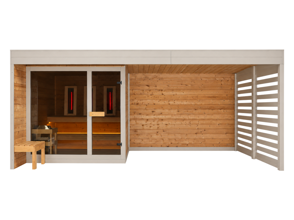 Vooraanzicht van de Passion Sauna House Olivin 510 met saunacabine links en overdekte ruimte met houten achterwand rechts.