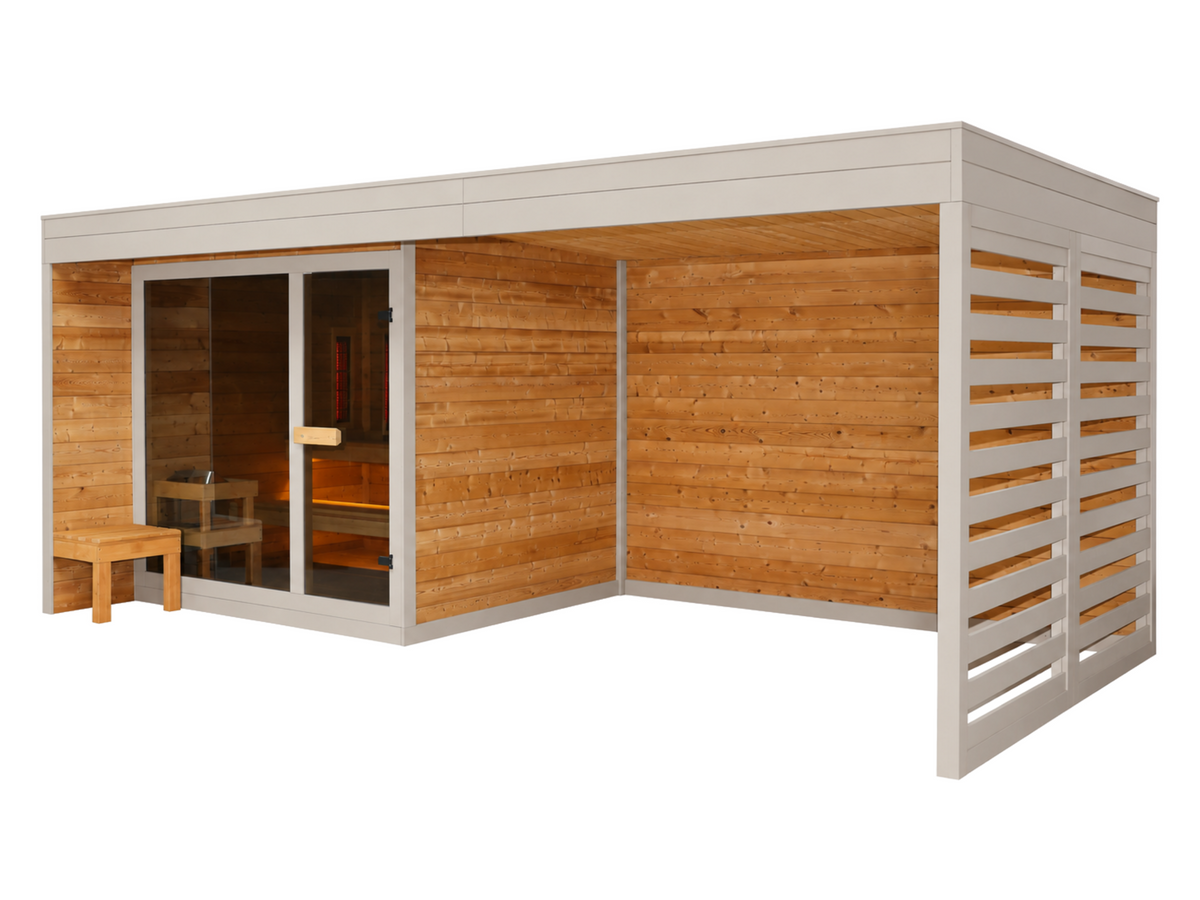 Passion Sauna House Olivin 510 met glazen saunafront en aangebouwde overkapping met houten achterwand en open lattenzijwand.
