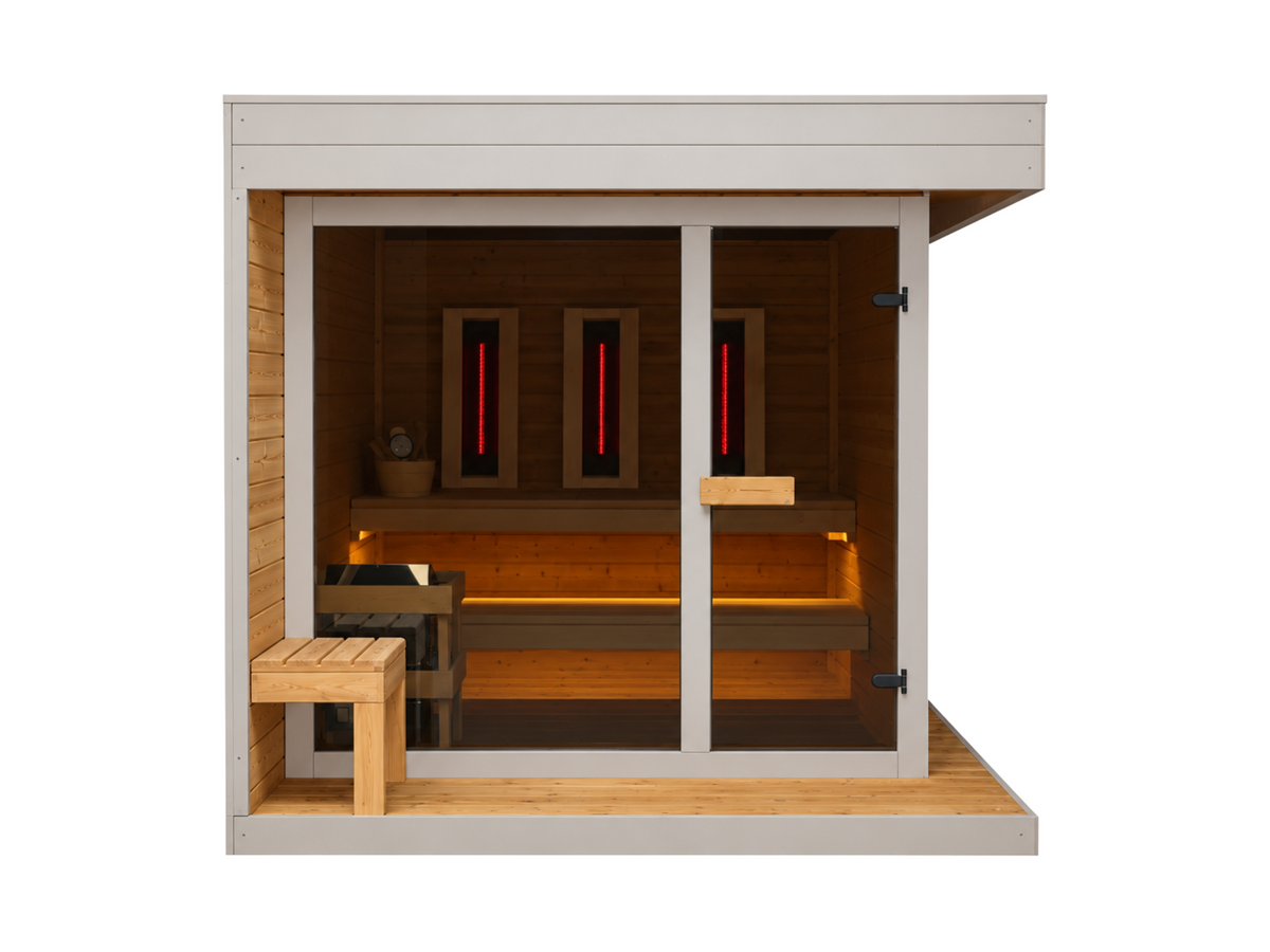 Vooraanzicht van de Passion Sauna House Olivin 230 met glazen front, houten bank en drie rode infraroodstralers.