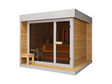 Passion Sauna House Olivin 230 met glazen front, houten wanden en wit dak, schuin van voren.