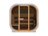 Passion Cube Diamond 220 sauna recht van voren, met afgeronde hoeken, houten bekleding en glazen front.