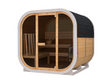 Passion Cube Diamond 220 sauna schuin van voren, met afgeronde hoeken, houten bekleding en glazen front.
