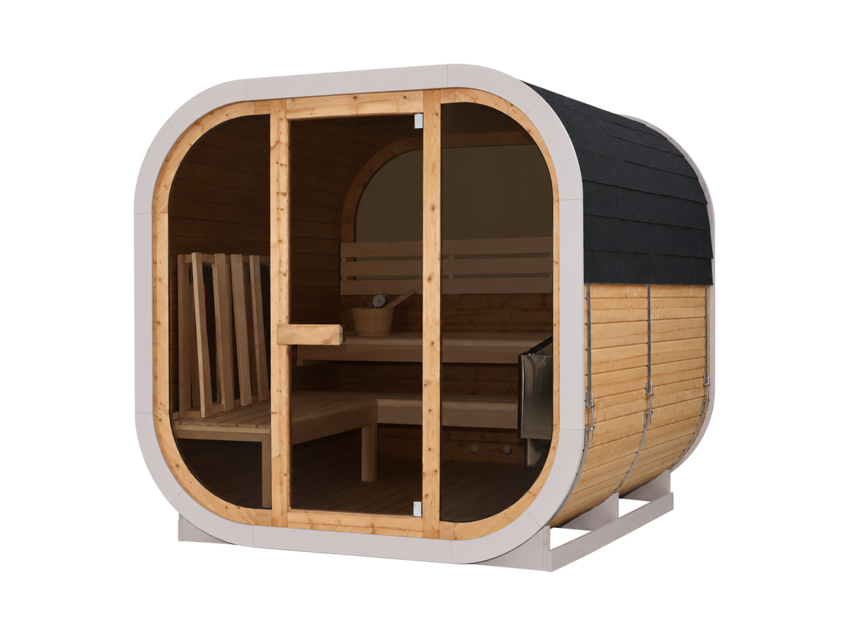Passion Cube Diamond 220 sauna schuin van voren, met afgeronde hoeken, houten bekleding en glazen front.