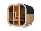 Passion Cube Diamond 220 sauna schuin van voren, met afgeronde hoeken, houten bekleding en glazen front.