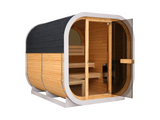 Passion Cube Diamond 220 sauna met geopende glazen deur, houten banken en donkere afgeronde dakbekleding.