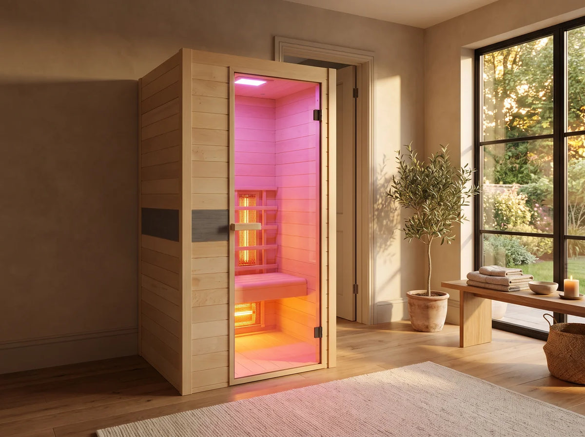 Fonteyn Joanne 1 infraroodcabine met glazen deur en roze verlicht interieur in een lichte kamer.