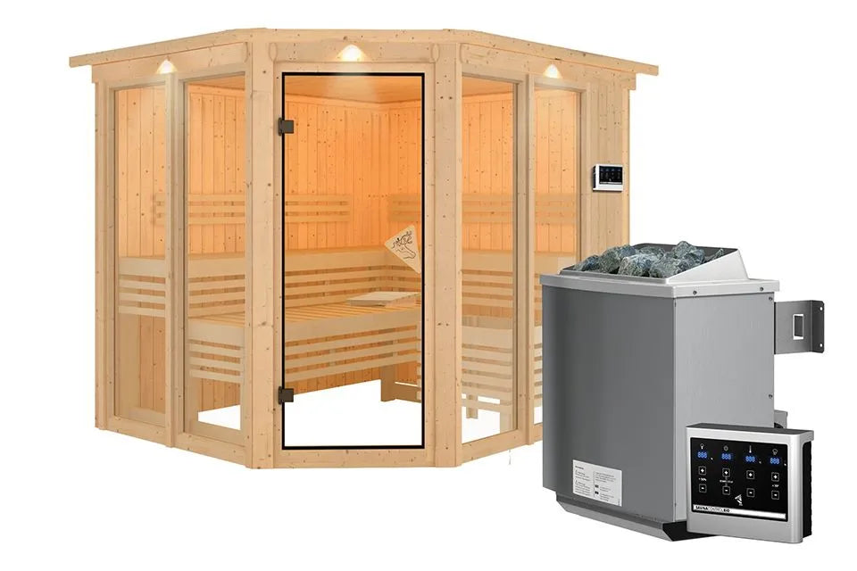 Karibu | Ainur 3 Sauna met Dakkraag | Biokachel 9 kW Externe Bediening