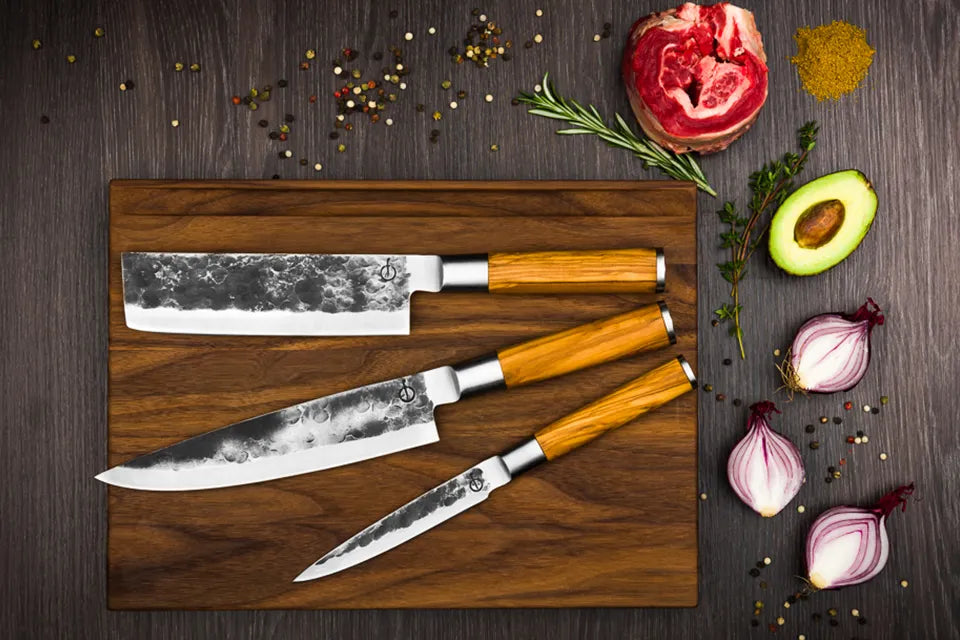 Olive Forged | 3-Delig: koksmes, hakbijl en universeel mes