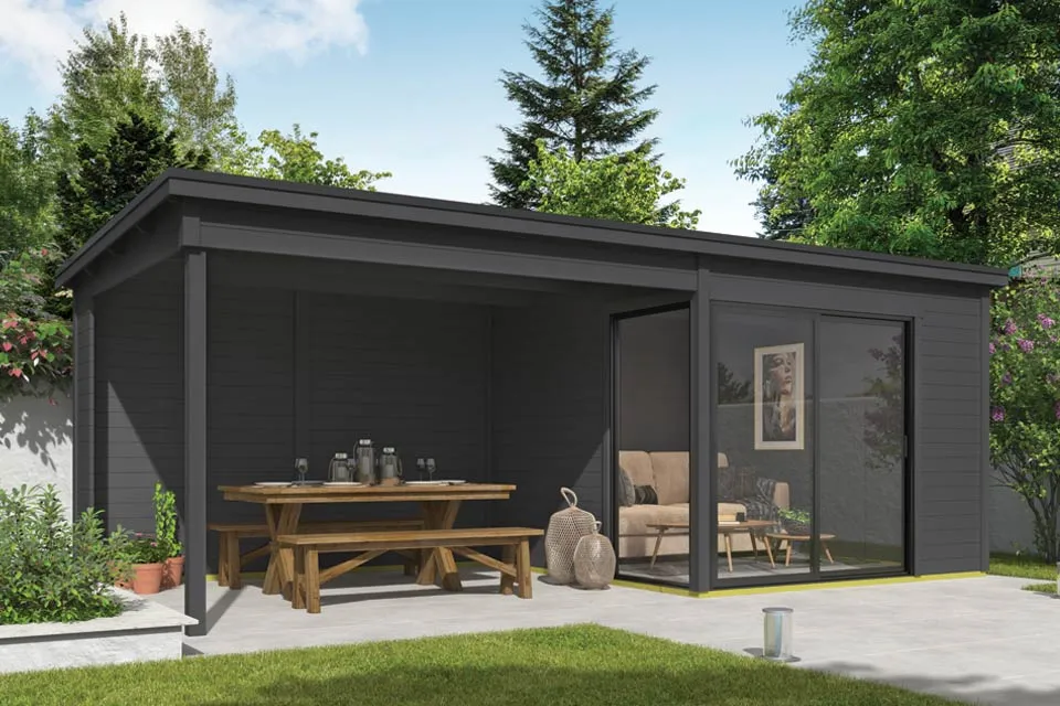 Outdoor Life Products | Tuinhuis Julia 295 x 295 met Aanbouw | Carbon Grey