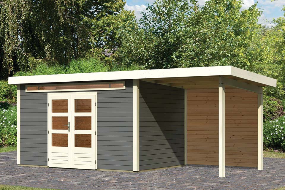 Woodfeeling | Tuinhuis Kandern 7 met Overkapping 2,6 en Achterwand | Terragrijs