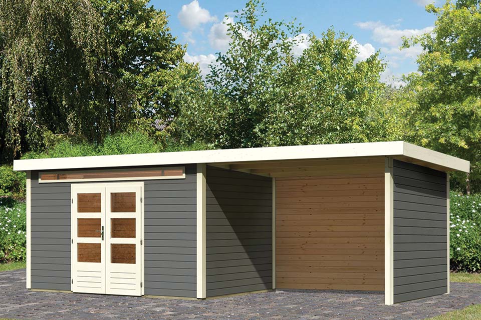 Woodfeeling | Tuinhuis Kandern 7 met Overkapping 3,2, Zij- en Achterwand | Terragrijs