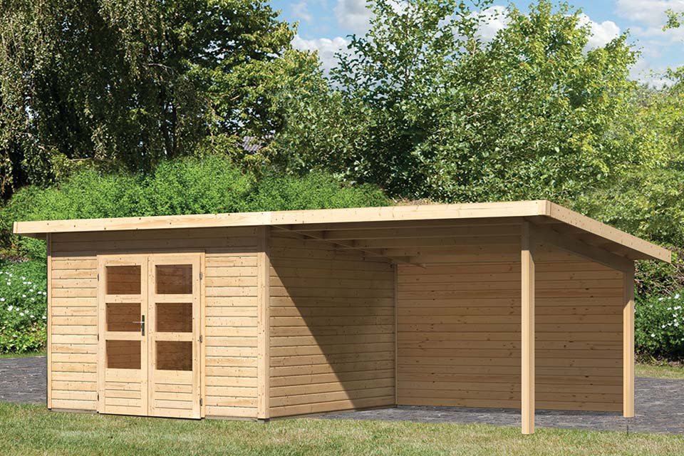 Woodfeeling | Tuinhuis Northeim 3 met Overkapping 3,3 en Achterwand | Onbehandeld