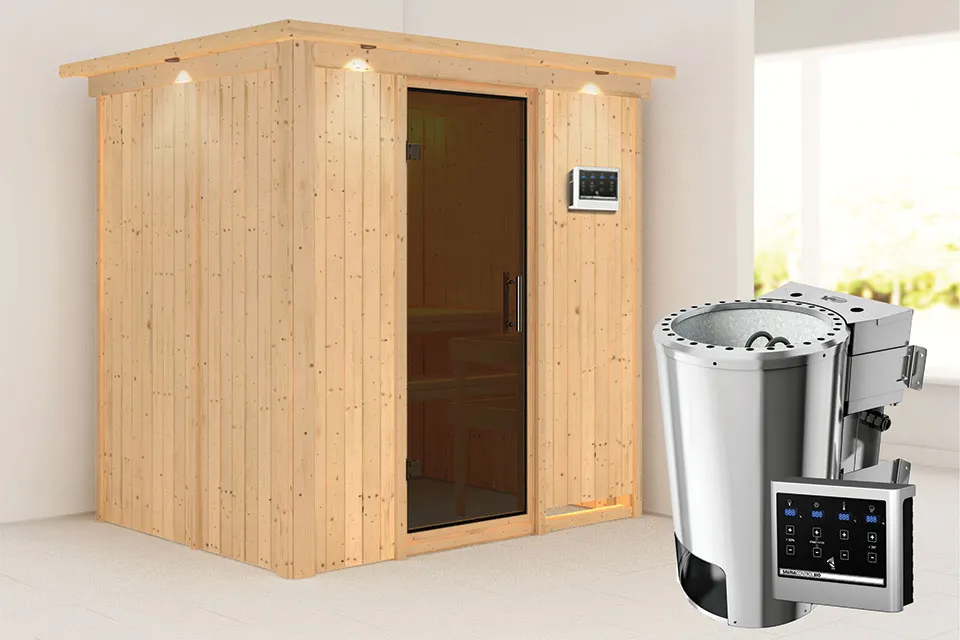 Karibu | Sauna Fanja met Dakkraag | Antracietglas | Biokachel 3,6 kW Externe Bediening