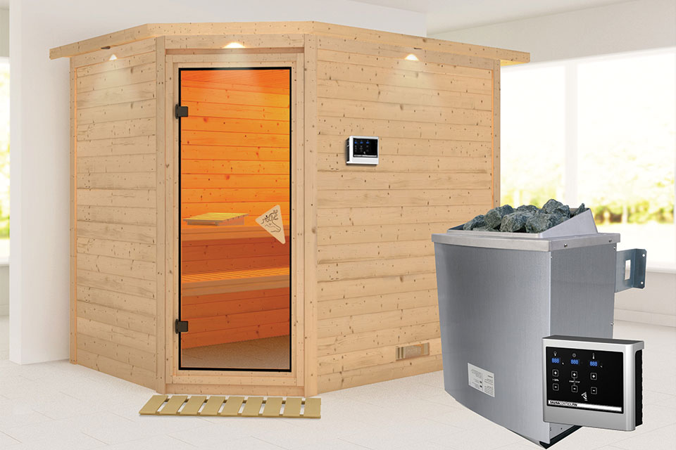 Karibu | Sauna Tanami met Dakkraag | Kachel 9 kW Externe Bediening